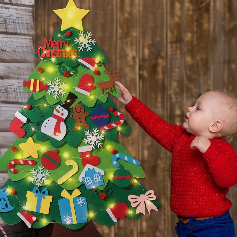 🧒🎄Felt Christmas Tree Set With 32PCS Ornaments & 35LED String Lights