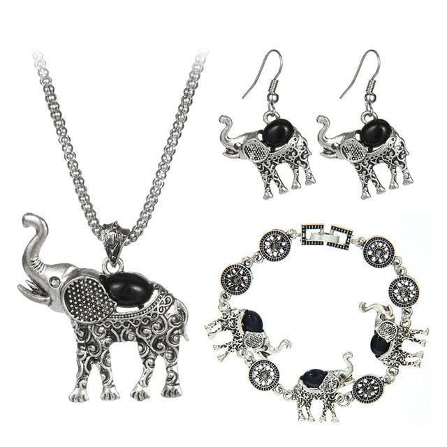 Bohemian Style Elephant Shape Necklace/Bracelet/Earring Set black - DiyosWorld