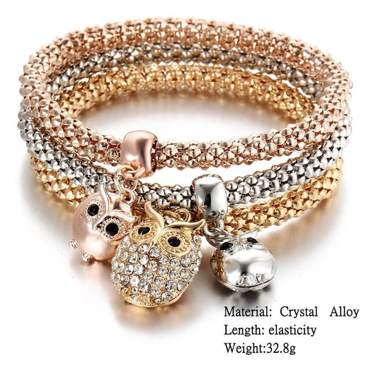 Charm Bracelets 3 Pcs Set Crystal Owl/Crown/Elephant Charm Bracelet OWL - DiyosWorld
