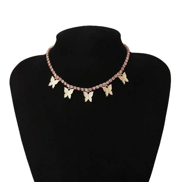 Choker Necklaces Luxury Crystal Butterfly Choker Necklace Gold Pink - DiyosWorld