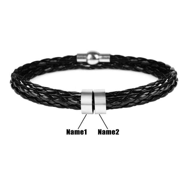 Customized Bracelets Personalized Stainless Steel And Leather Charm Bracelets Black / 17cm (6.7 in) / Two Name - DiyosWorld