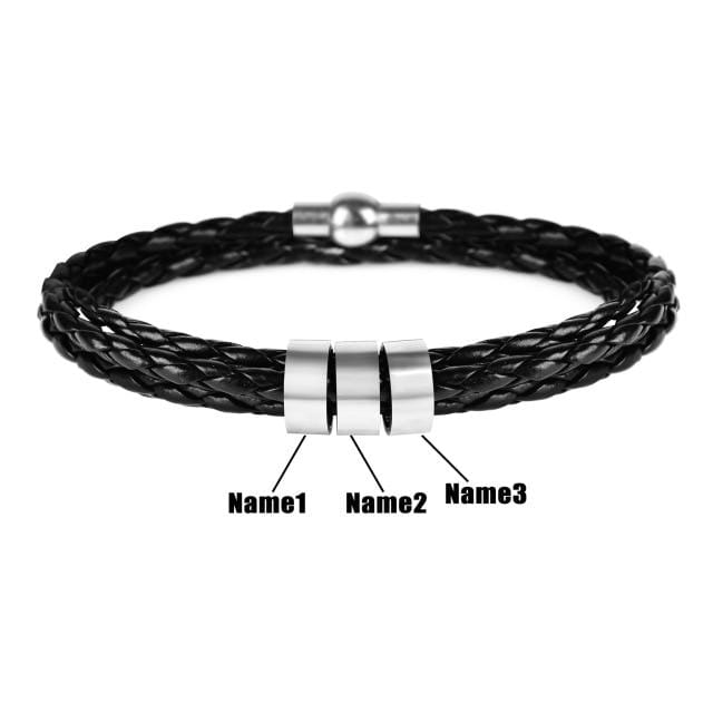 Customized Bracelets Personalized Stainless Steel And Leather Charm Bracelets Black / 17cm (6.7 in) / Three Name - DiyosWorld