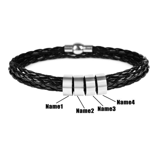 Customized Bracelets Personalized Stainless Steel And Leather Charm Bracelets Black / 17cm (6.7 in) / Four Name - DiyosWorld