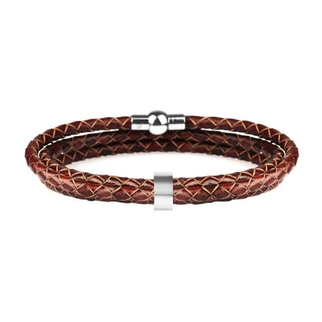 Customized Bracelets Personalized Stainless Steel And Leather Charm Bracelets Brown / 17cm (6.7 in) / One Name - DiyosWorld