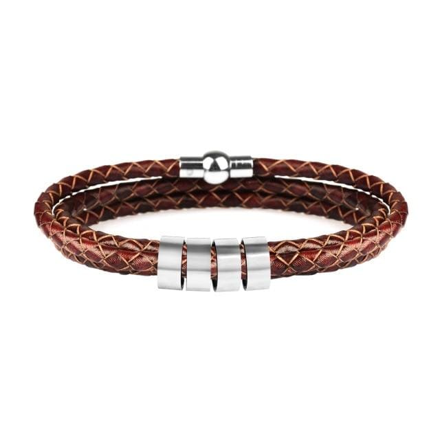 Customized Bracelets Personalized Stainless Steel And Leather Charm Bracelets Brown / 17cm (6.7 in) / Four Name - DiyosWorld