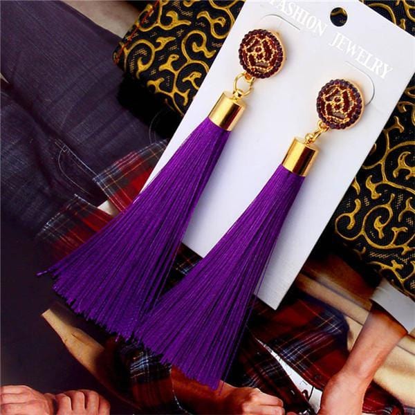 Drop Earrings Bohemian Crystal Dangle Tassel Earrings purple - DiyosWorld