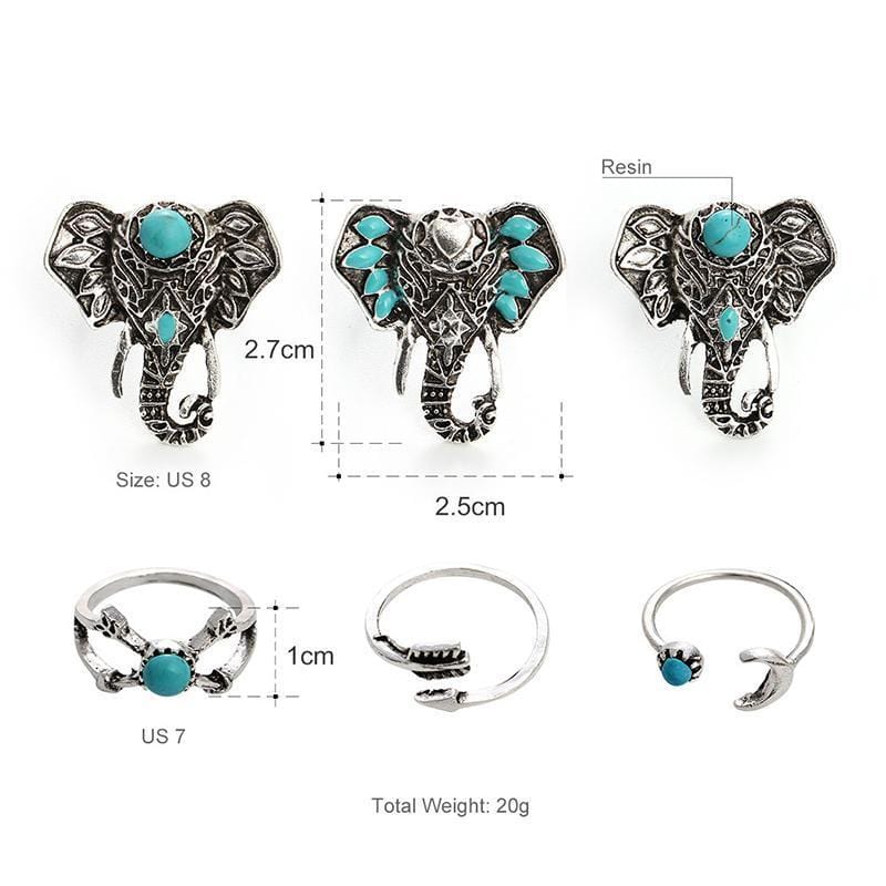 Elephant 6PCS Set Bohemia Vintage Silver Plated Rings - DiyosWorld