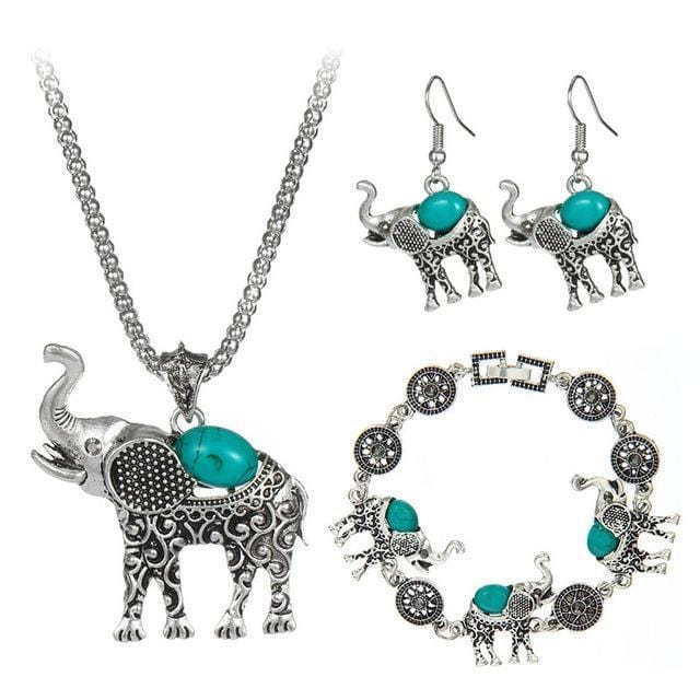 Bohemian Style Elephant Shape Necklace/Bracelet/Earring Set green - DiyosWorld
