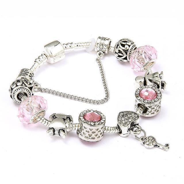 Vintage Heart and Key Charm Bracelet Pink / 18cm - DiyosWorld