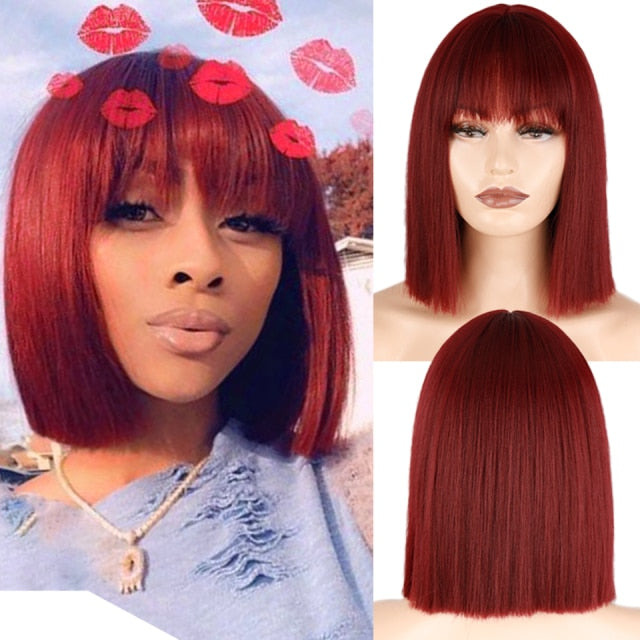 Long Natural Straight Wine Red Synthetic Wigs With Bangs