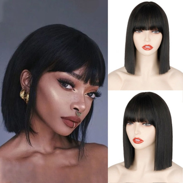 Long Natural Straight Wine Red Synthetic Wigs With Bangs