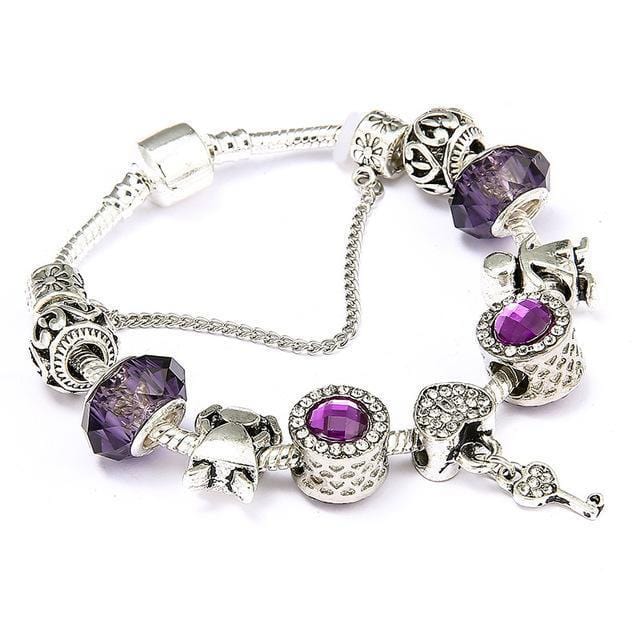 Vintage Heart and Key Charm Bracelet Purple / 18cm - DiyosWorld