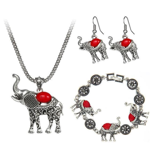 Bohemian Style Elephant Shape Necklace/Bracelet/Earring Set red - DiyosWorld