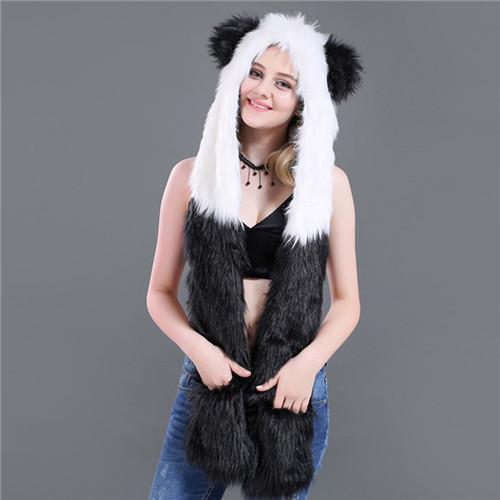 Skullies & Beanies Animal Printed Faux Fur 3 in 1 Scarf Panda - DiyosWorld