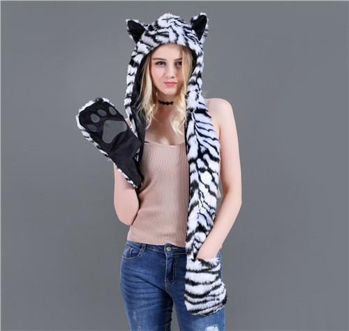 Skullies & Beanies Animal Printed Faux Fur 3 in 1 Scarf White Tiger - DiyosWorld