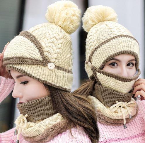 Women's Skullies & Beanies Knitted Winter Set (Mask, Hat, Scarf) Beige - DiyosWorld