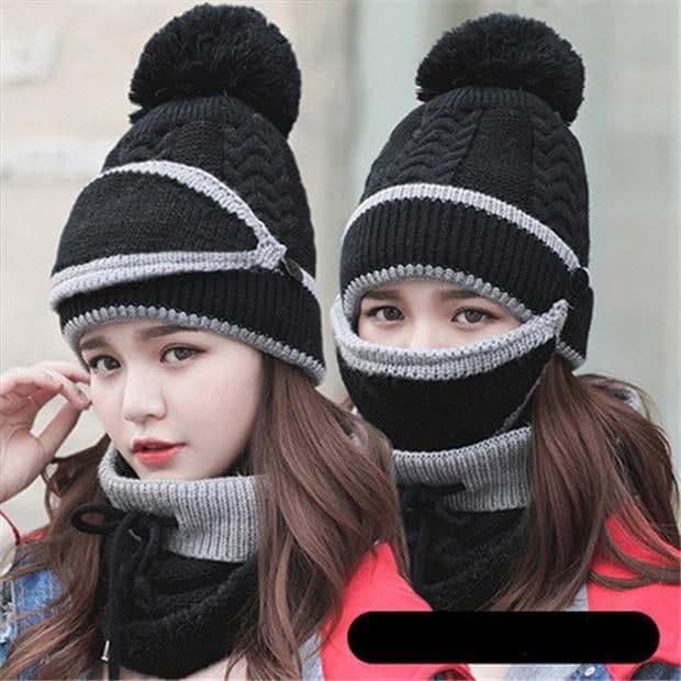 Women's Skullies & Beanies Knitted Winter Set (Mask, Hat, Scarf) Black - DiyosWorld