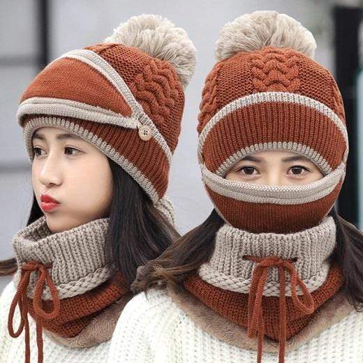 Women's Skullies & Beanies Knitted Winter Set (Mask, Hat, Scarf) Khaki - DiyosWorld