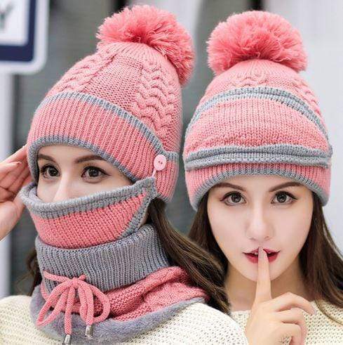 Women's Skullies & Beanies Knitted Winter Set (Mask, Hat, Scarf) Pink - DiyosWorld